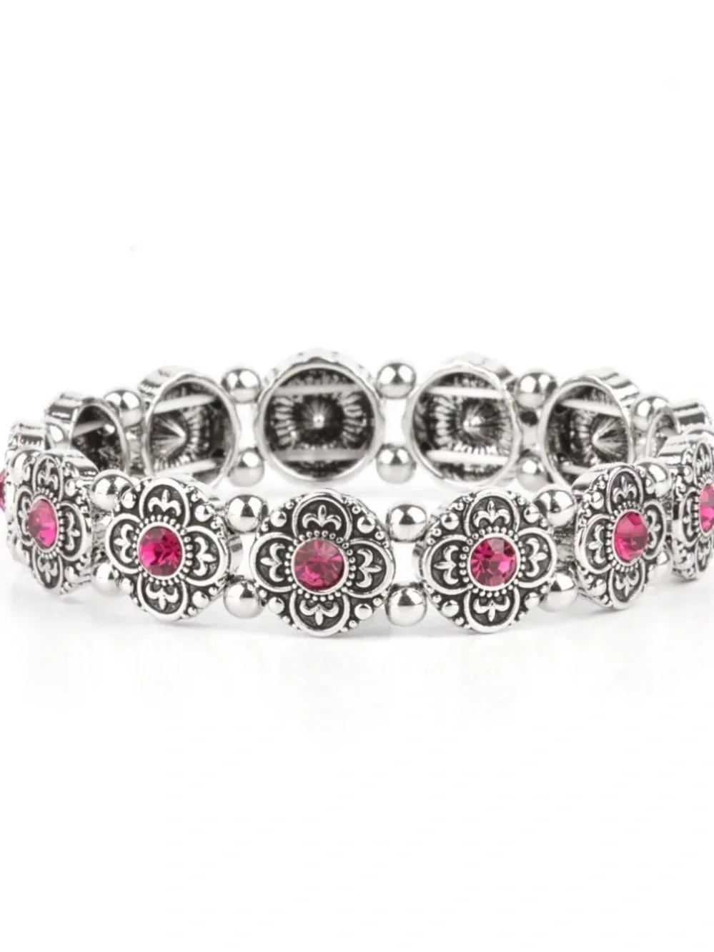paparazzi Silver Floral Stretch Bracelet with Pink Accents